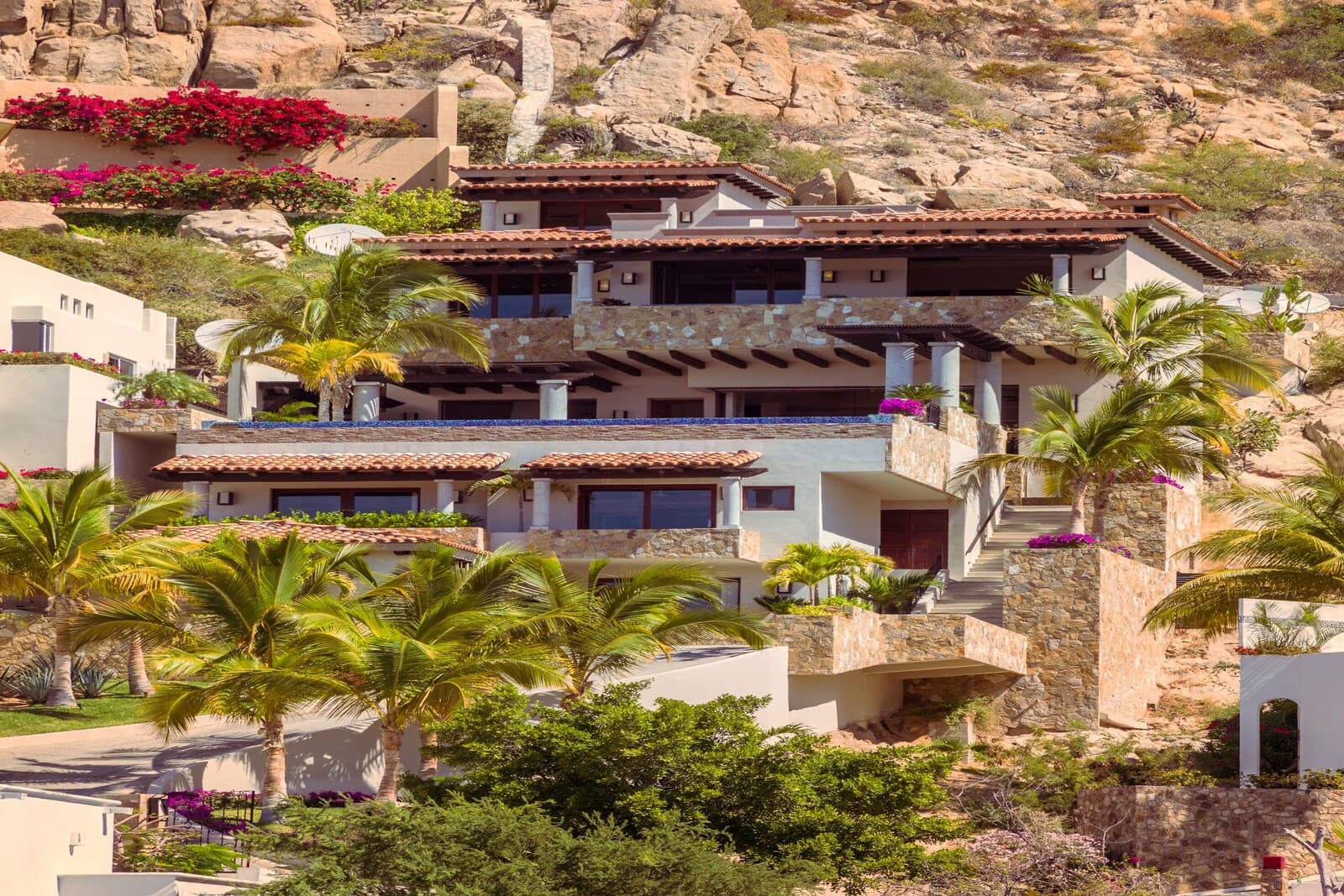 Villa Veranza in Pedregal, Cabo San Lucas — multi-level hillside villa with terraces and infinity pool